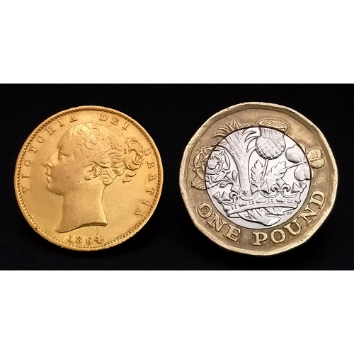 33 - AN 1864, QUEEN VICTORIA, YOUNG HEAD, SHIELD BACK, DIE NUMBER 86, FULL SOVEREIGN COIN. 22K GOLD. EF. ... 