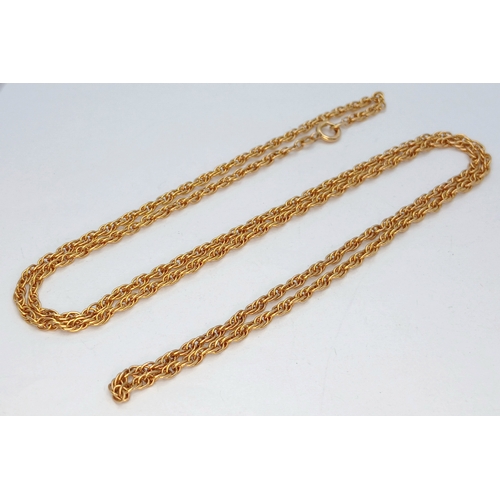 45 - A 9K Yellow Gold (tests as) Rope Chain Necklace. 66cm. 6.4g. Note: clasp is gold plated.