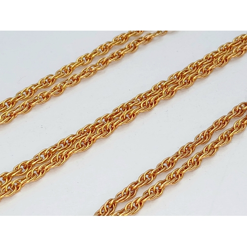 45 - A 9K Yellow Gold (tests as) Rope Chain Necklace. 66cm. 6.4g. Note: clasp is gold plated.