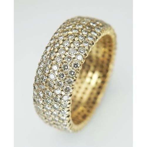 54 - AN 18K YELLOW GOLD, 5 ROW, DIAMOND SET RING. 3.00CT DIAMOND WEIGHT. TOTAL WEIGHT 10G, SIZE R. A/S NN... 