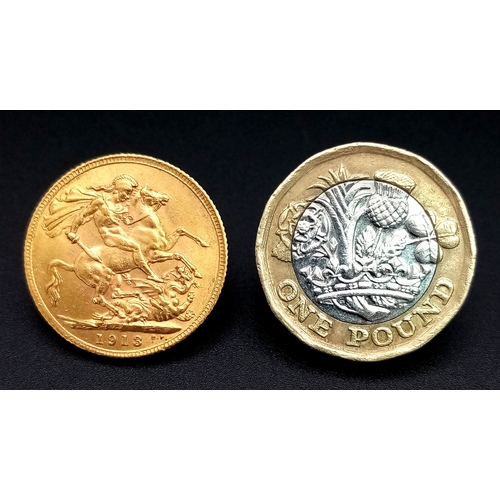 2 - A 1913 George V Full Gold Sovereign Coin. 22K gold. EF.