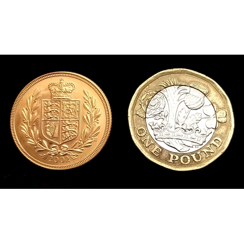 55 - A 2002, QUEEN ELIZABETH II, SHIELD BACK, FULL SOVEREIGN COIN. REF: C2003