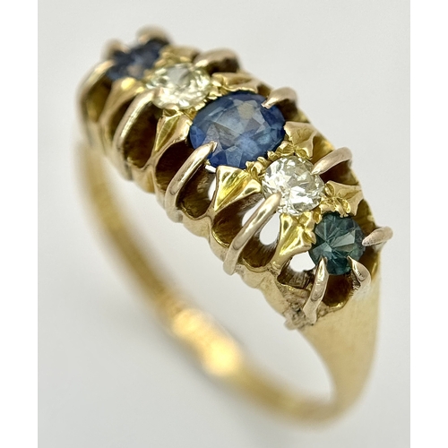 6 - An 18K Yellow Gold, Antique, Old Cut Diamond and Sapphire Ring. Hallmarked Birmingham 1918. 5.4g, Si... 