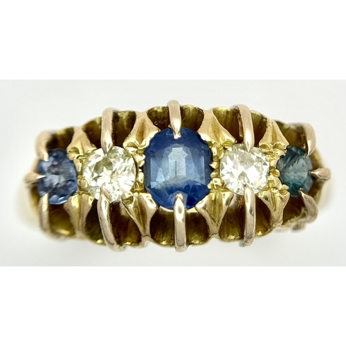 6 - An 18K Yellow Gold, Antique, Old Cut Diamond and Sapphire Ring. Hallmarked Birmingham 1918. 5.4g, Si... 