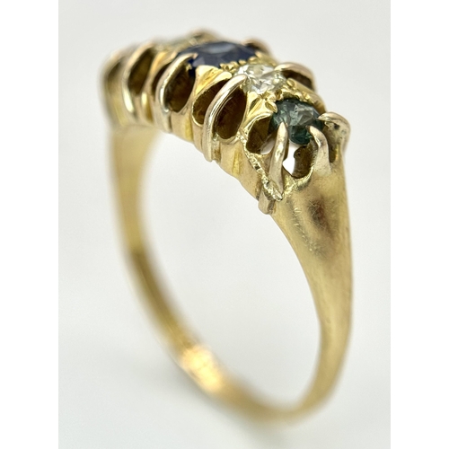 6 - An 18K Yellow Gold, Antique, Old Cut Diamond and Sapphire Ring. Hallmarked Birmingham 1918. 5.4g, Si... 