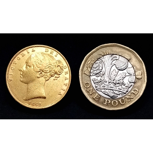 83 - AN 1862, QUEEN VICTORIA, YOUNG BUN HEAD, SHIELD BACK, FULL SOVEREIGN COIN. REF: C2010.