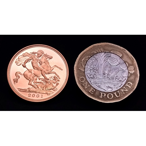 97 - A 2001, QUEEN ELIZABETH II, FULL SOVEREIGN, PROOF CONDITION COIN. FROM ROYAL MINT IN BOX AND CAPSULE... 