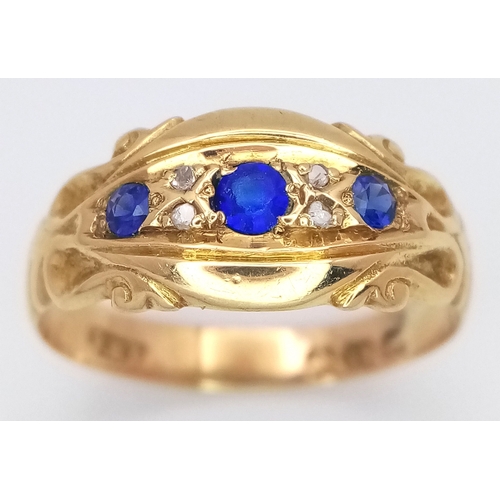 34 - An 18K Yellow Gold, Antique, Diamond and Sapphire Set Ring. 3g, Size N. STAN 2010