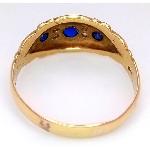 34 - An 18K Yellow Gold, Antique, Diamond and Sapphire Set Ring. 3g, Size N. STAN 2010