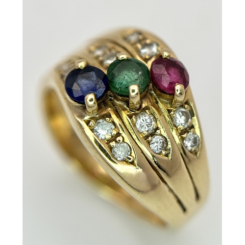 59 - An 18k yellow gold diamond emerald ruby and sapphire ring. 0.12ct diamond weight, 0.04ct emerald wei... 