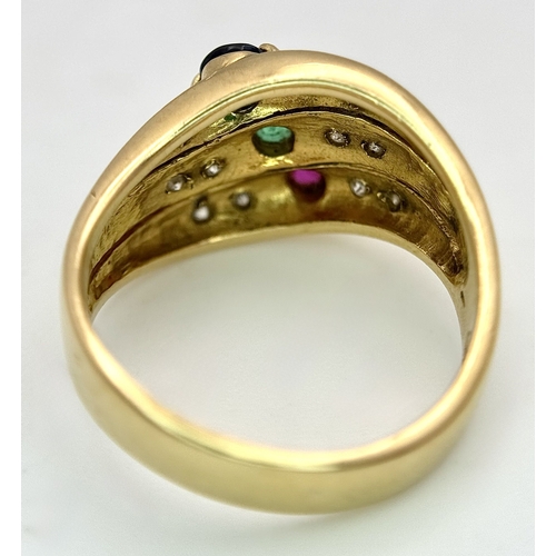 59 - An 18k yellow gold diamond emerald ruby and sapphire ring. 0.12ct diamond weight, 0.04ct emerald wei... 