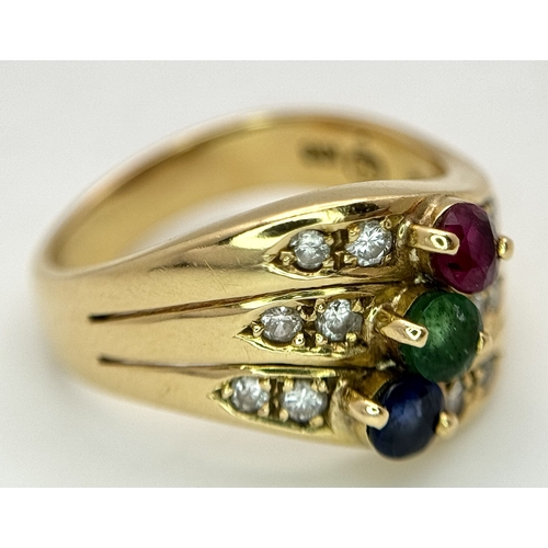 59 - An 18k yellow gold diamond emerald ruby and sapphire ring. 0.12ct diamond weight, 0.04ct emerald wei... 