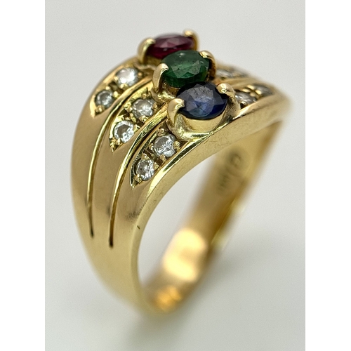 59 - An 18k yellow gold diamond emerald ruby and sapphire ring. 0.12ct diamond weight, 0.04ct emerald wei... 