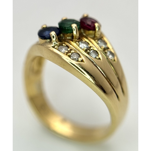 59 - An 18k yellow gold diamond emerald ruby and sapphire ring. 0.12ct diamond weight, 0.04ct emerald wei... 