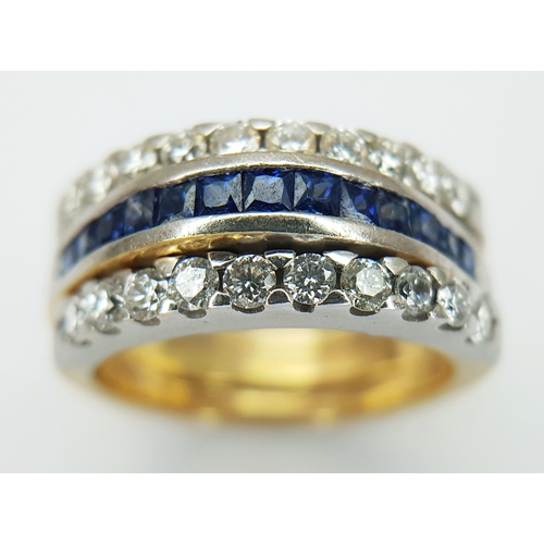 52 - An 18K Bi-Colour Gold (tested) Diamond and Sapphire Triple Band Ring. 0.40ctw diamond, 0.52ctw sapph... 