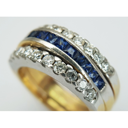 52 - An 18K Bi-Colour Gold (tested) Diamond and Sapphire Triple Band Ring. 0.40ctw diamond, 0.52ctw sapph... 