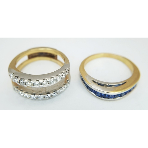 52 - An 18K Bi-Colour Gold (tested) Diamond and Sapphire Triple Band Ring. 0.40ctw diamond, 0.52ctw sapph... 