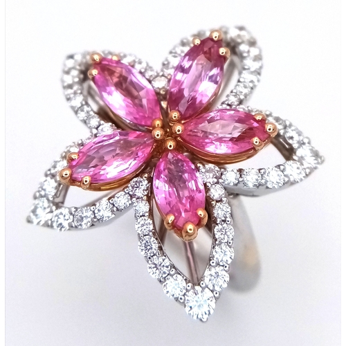 An Italian Designer Picchiotti, Madagascan Pink Sapphire and Diamond, 18K Gold Cocktail Ring. Star form with 3ctw of pink Madagascan marquise cut, natural non-treated sapphires - A 1ctw round brilliant cut diamond surround having F-G colour and VS2-SI1 clarity. Comes with a W.G.I certificate. Size O. 14.58g total weight.