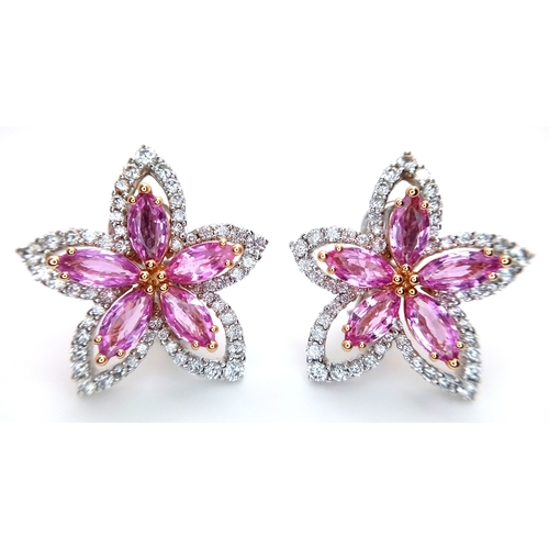 A Pair of Spellbinding, Italian Designer Picchiotti, Madagascan Sapphire and Diamond Earrings in Star Form. Set in 18K gold these W.G.I certified masterpieces have 6ctw of natural, untreated pink sapphires. There are 2ctw of round brilliant cut diamond surrounds having F-G colour and VS2-SI1 clarity. Circa 25 x 25mm. 19.58g total weight.