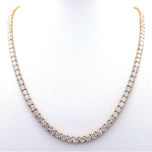 51 - A W.G.I Certified 10K Yellow Gold and Lab Diamond Tennis Necklace. 114 round brilliant cut diamonds ... 