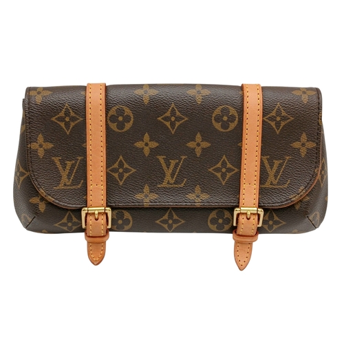 A Brown Louis Vuitton Monogram Handbag. Brown Monogram coated canvas exterior with gold-toned hardware and two leather buckle-fastening straps to the front. Brown textile interior with one main compartment and one open inner side pocket. Size approx: 24cm length x 12cm height. Some signs of wear and tiny stains to the leather but in very good condition overall. Comes with a COA. Please see photos or request a condition report. Ref: 30588.