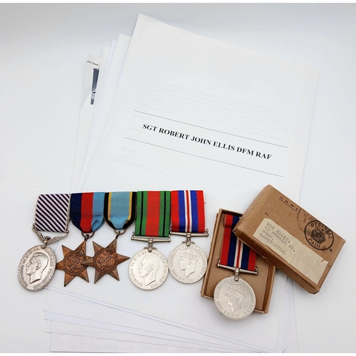 An early WW2 Distinguished Flying Medal (DFM) award to a Navigator/Bomb Aimer on the legendary 75 (New Zealand) Squadron. The DFM named to: 519433 Sgt R J Ellis RAF.
Robert John Ellis is a somewhat enigmatic figure as it has not been possible so far to positively confirm his date and place of birth, or his family background. His RAF
service number (519433) dates his enlistment into the RAF as October 1925, and so his dob would probably have been c 1908-10; Ancestry lists several Robert John
Ellis&rsquo;s born in his period, none of whom appear to have served in the RAF in WW2.
Be that as it may, Robert John Ellis enlisted in the RAF in 1925 and, following the outbreak of WW2, had volunteered for operational aircrew service. Relatively &lsquo;old&rsquo; by RAF aircrew standards (aged around thirty years old), he served as a Navigator and Bomb Aimer with 75 (New Zealand) Squadron and, by September 1940, had
completed thirty-one operational sorties for which he was recommended for the
DFM, the award of which was published in the London Gazette on 22 November
1940. No 75 Squadron was equipped at that time with the Vickers Wellington
bomber and it is probable that all thirty-one sorties would have been carried out in
that type of aircraft.
As a temporary Warrant Officer, he was later commissioned as a Pilot Officer (LG
dated 2 June 1942).
75 (New Zealand) Squadron, with Squadron Codes AA and JN, was re-formed in
April 1940 (from the former 75 Squadron RAF, which had been disbanded) and
equipped with 30 Vickers Wellington Mk ICs, which had previously been ordered by
the NZ government, but were gifted to Great Britain following the outbreak of WW2.
The majority of the aircrew personnel were from the RNZAF but, where necessary,
crews were completed with RAF personnel. Ellis would have been one of these. The
Squadron was later equipped with Stirlings and Lancasters, was based at Feltwell,
Mildenhall, Newmarket and Mepal and served in 3 Group until the end of the war.
The Squadron carried out a total of 8,017 sorties (739 raids) and lost 193 aircraft
(2.4%). It carried out the fourth highest number of bombing raids in Bomber
Command heavy Squadrons, flew the most sorties in 3 Group and in the whole of
Bomber Command, suffered the second highest casualties in Bomber Command
and is believed to have dropped the third greatest tonnage of bombs (c 21,600 tons)
and the second highest number of mines (2,344).

Sergeant J A Ward was awarded the Victoria Cross for climbing out onto the wing of a
Wellington of which he was second pilot during the raid on Munster on 7/8 July 1941 in
an attempt to put out an engine fire. Although badly damaged by enemy fighters' cannon
shells, the aircraft managed to return to its base. Sgt Ward was later KIA during the raid
on Hamburg on 15/16 September 1941
With transcript of the citation for the DFM, copy extracts from the LG for the DFM
and appointment to a commission and campaign medal award slip.
The DFM mounted together with Sgt Ellis&rsquo;s WW2 campaign medals (1939-45 Star,
Air Crew Europe Star, Defence and War Medals) and accompanied by a War Medal
1939-1945 in box of issue addressed to Mrs Ellis at an address in Manchester.
Extremely Fine (EF) condition.