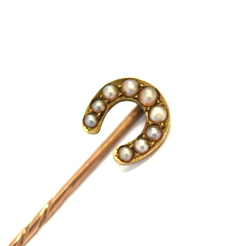 Antique Seed Pearl 9ct Horseshoe Stick Pin Horseshoe measures 8.60 x 8.70mm  Stamped '9' to the reverse Weighing 1.40g