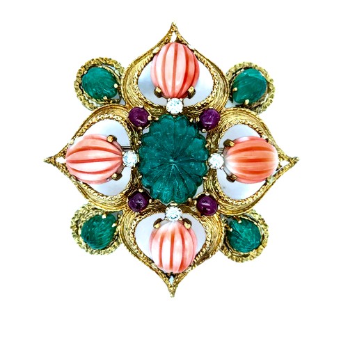 Emerald Pink Coral Ruby & Diamond Brooch Pendant. Carved emerald, pink coral, ruby and diamond brooch pendant. Convertible to pendant in 18ct gold. Measuring 57.20 x 52.20mm. Weighing 30.60g stamped BRL.