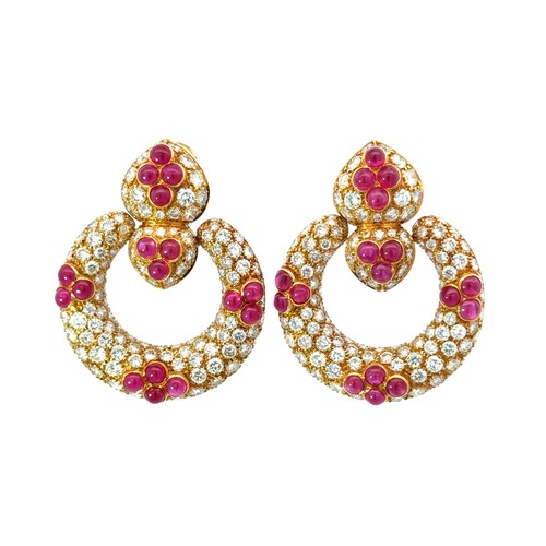 20 - Italian 18ct Ruby & Diamond Earrings. Door knocker style earrings, set with cabochon rubies and ... 