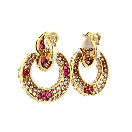 20 - Italian 18ct Ruby & Diamond Earrings. Door knocker style earrings, set with cabochon rubies and ... 