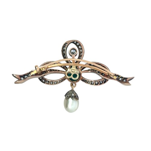 40A - Vintage Zambian Emerald, Pearl & Diamond Bow Brooch. Set with a 2.16ct Zambian emerald, and 2.02... 