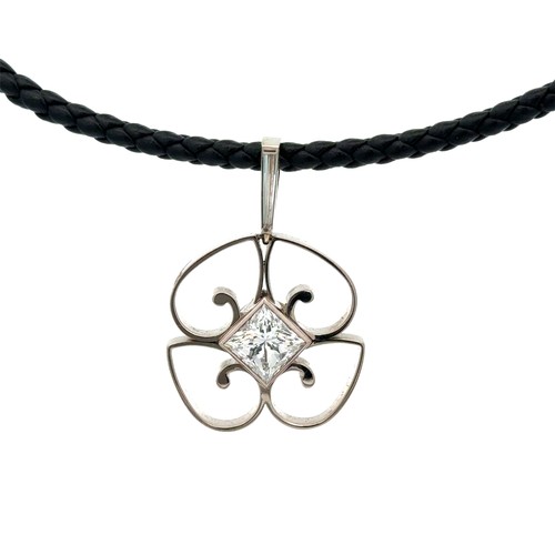 63 - 18ct White Gold Diamond Set Pendant on Rope Collar. Princess cut diamond weighing 2.60ct. Excellent ... 
