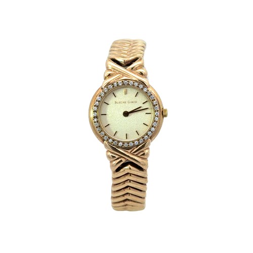 76 - Ladies Bueche Girod Diamond Set 9ct Gold Watch. Good working order. Weighing 36.7g.