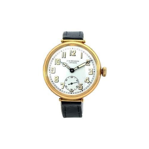 80 - 1930s J W Benson Mechanical Trench Watch. 18ct gold. Leather strap. Excellent condition. Working ord... 