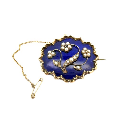 99 - Antique Enamel & Pearl Mourning Brooch. 15ct mourning brooch. Blue enamel and pearl. Weighing 16... 