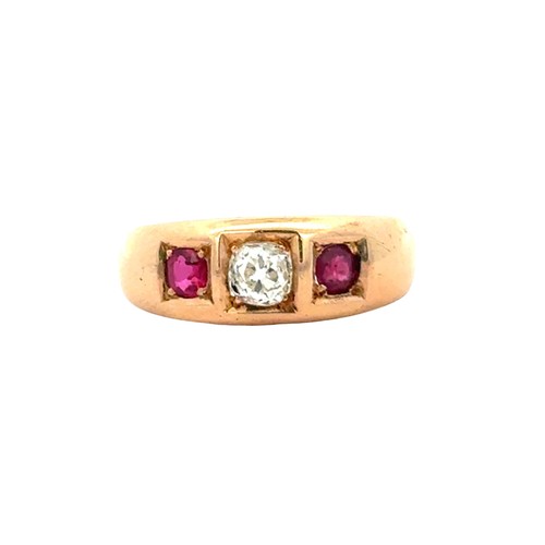 108 - Old Mine Cut Diamond & Ruby Ring. Antique old mine cut diamond and ruby ring. Set with a central... 