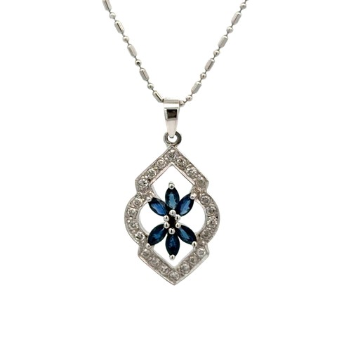 120 - Sapphire & Diamond Pendant & Chain. 18ct white gold sapphire and diamond pendant and chain. Weighing... 