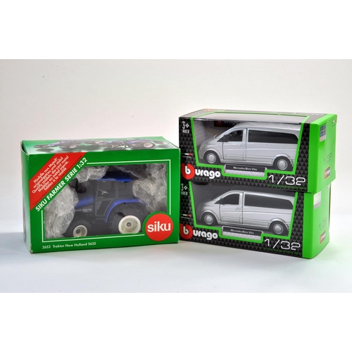 158 - Siku Farm issue comprising New Holland 5635 Tractor plus duo of 1/32 Burago Mercedes Benz Vito Vans.... 