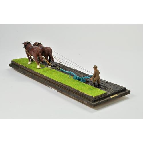 163 - Scaledown Models 1/32 pair of Working Horses accompanied by scratch built plough, with figure. Mount... 