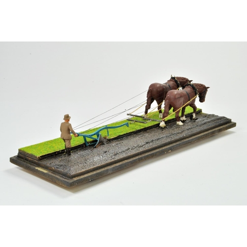 163 - Scaledown Models 1/32 pair of Working Horses accompanied by scratch built plough, with figure. Mount... 