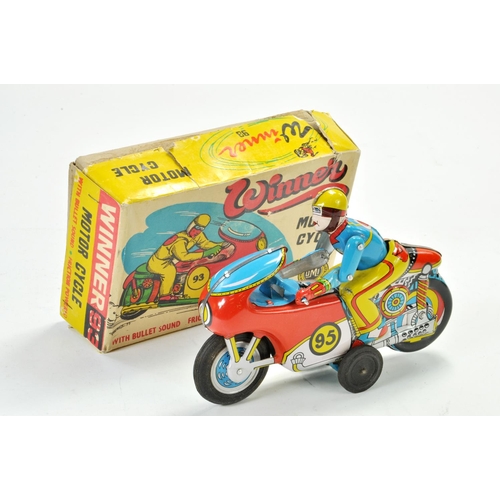 1181 - OMI (Indian) tinplate friction driven 'Winner 93' motorcycle and rider. Bright example is excellent ... 