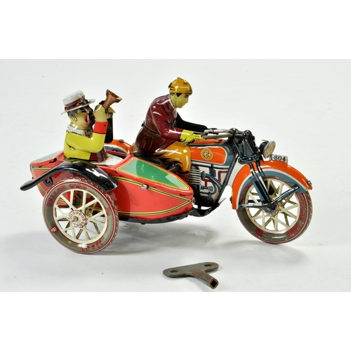 1207 - Attractive Paya (Spain) Clockwork Tinplate Motorbike and Side-Car. Generally excellent, note more mo... 