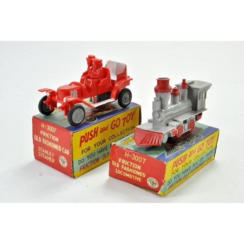 1216 - ELM (Hong Kong) Push and Go Friction Driven Plastic issues comprising Stanley Steamer and Old Fashio... 