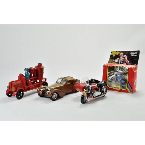 1233 - Misc. group of toys including CAST Fire Truck, Polistil Motorcycle, Walls and Gromit motorcycle and ... 