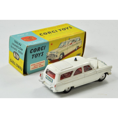 1366 - Corgi No. 419 Ford Zephyr Motorway Patrol in white with red interior, aerial and roof light. General... 