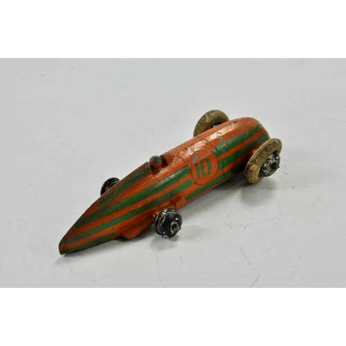 1411 - Dinky pre-war no 23a Racing Car in orange with green stripes racing no. 10 plus cast driver figure. ... 