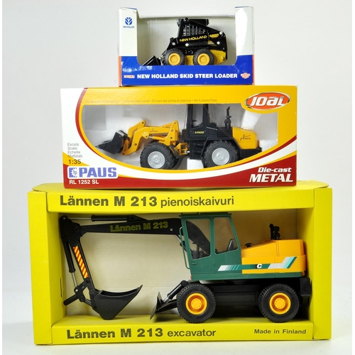 115 - Farm Trio comprising Joal 1/35 Paus Wheel Loader, Ertl 1/32 New Holland Skid Steer plus Lannen M213 ... 