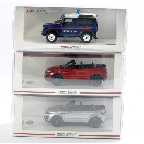 1129 - TSM Models 1/43 trio comprising Land Rover Defender and duo of Land Rover Evoque issues. Not previou... 