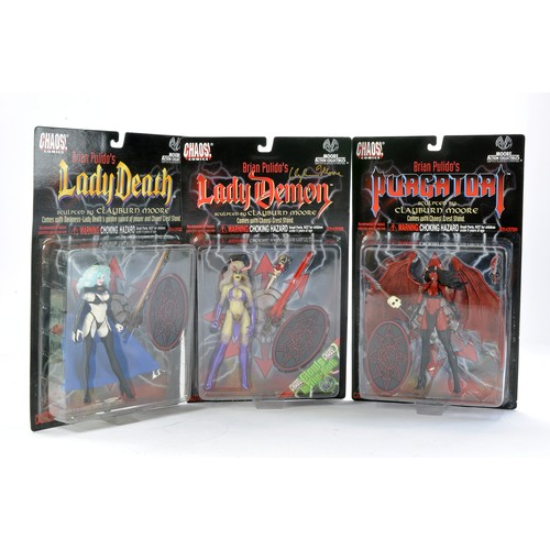 1153 - Moore Action Collectibles featuring Chaos Comics Carded Figures comprising No. CM7004 Purgatori, CM7... 