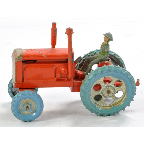 439 - Charbens Vintage Metal Tractor with driver. Orange with light blue tyres, silver wheels and trim. Ge... 